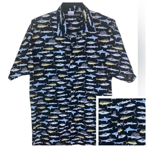 Cottonseed Mens Sz XL Black Allover Fish Shark Sailfish Button Down Casual Shirt - Picture 1 of 4